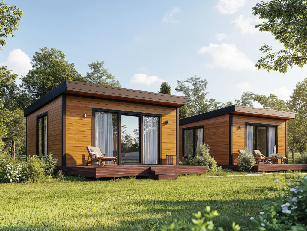 Two modern, wooden tiny homes with an exterior of light brown wood and black accents. One home is larger than the other, set in a grassy yard surrounded by trees on a sunny day.
