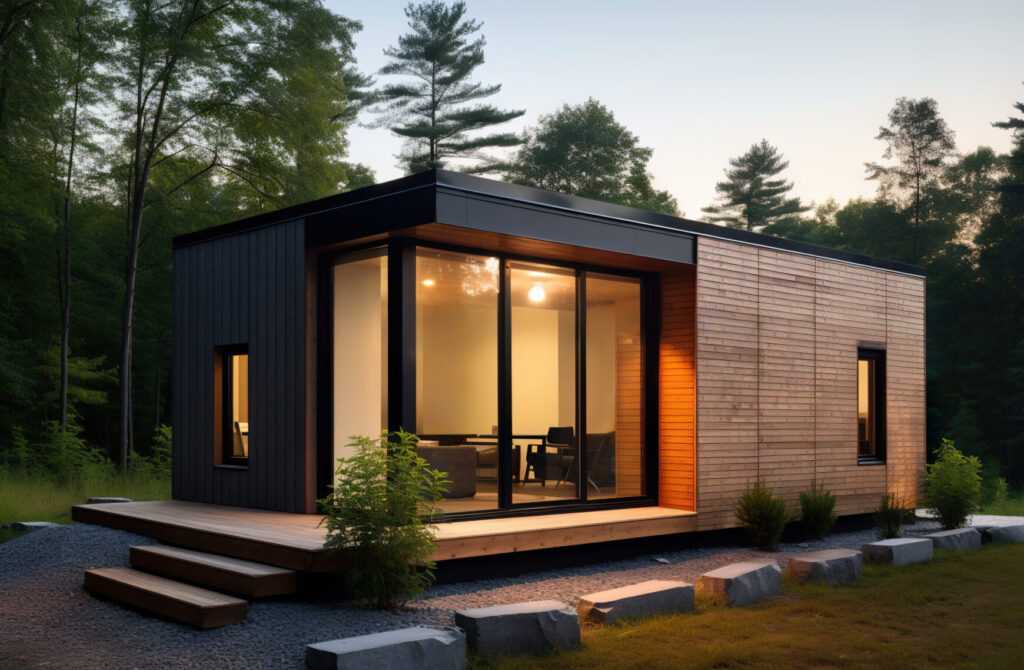 A tiny modern house made of wood and steel in a forest, exterior view. Generative ai and digital editing.