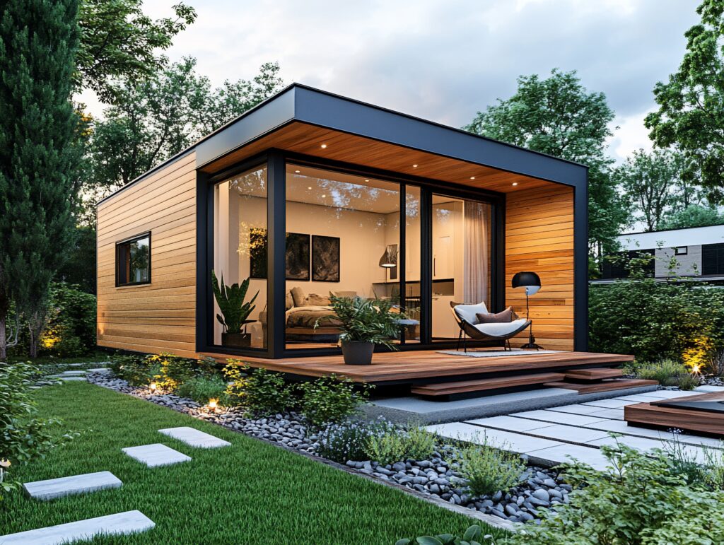 Modern tiny house with a wooden facade and large glass windows, situated in a garden with a patio and steps.